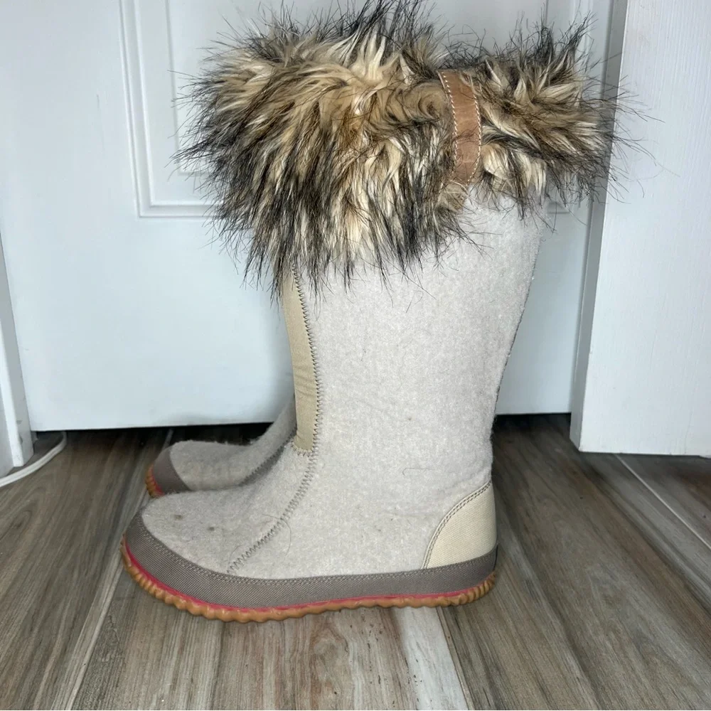 Sorel Cozy Joan Tall Felt Boots Faux Fur Top Womens Sz 10 Beige Tan Brown